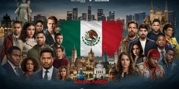 Collage dinámico de escenas de series internacionales aclamadas, con elementos que evocan la crítica mexicana y el año 2026.