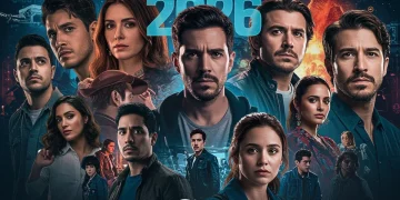 Cartel promocional vibrante de las series mexicanas más adictivas de 2026, con actores reconocidos y escenas claves.