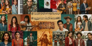 Collage vibrante de series mexicanas con elementos musicales, representando las mejores bandas sonoras originales de 2026.