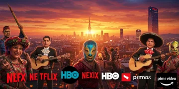 Mural vibrante con iconos mexicanos y logos de plataformas de streaming, simbolizando el auge de las series originales.