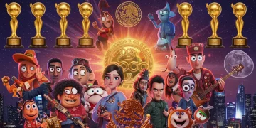Collage vibrante de personajes emblemáticos de series mexicanas con premios internacionales de fondo, simbolizando el éxito global en 2026.