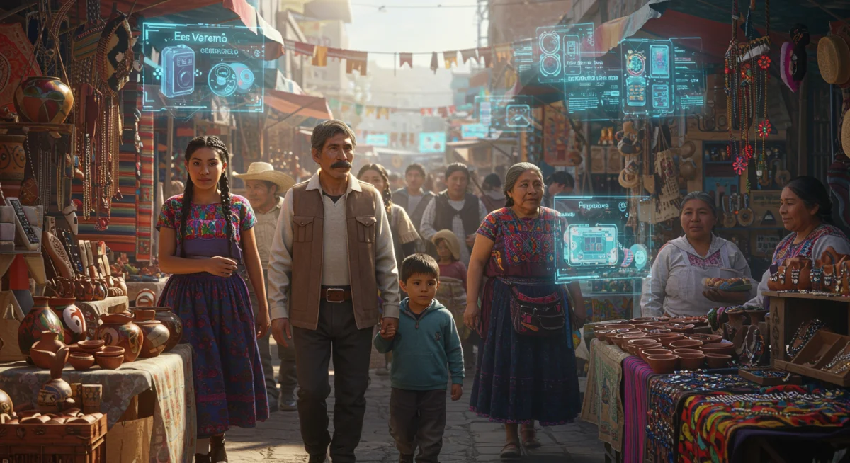 Ciudadanos mexicanos interactuando en un mercado futurista y diverso en 2026, con elementos tecnológicos y tradicionales.