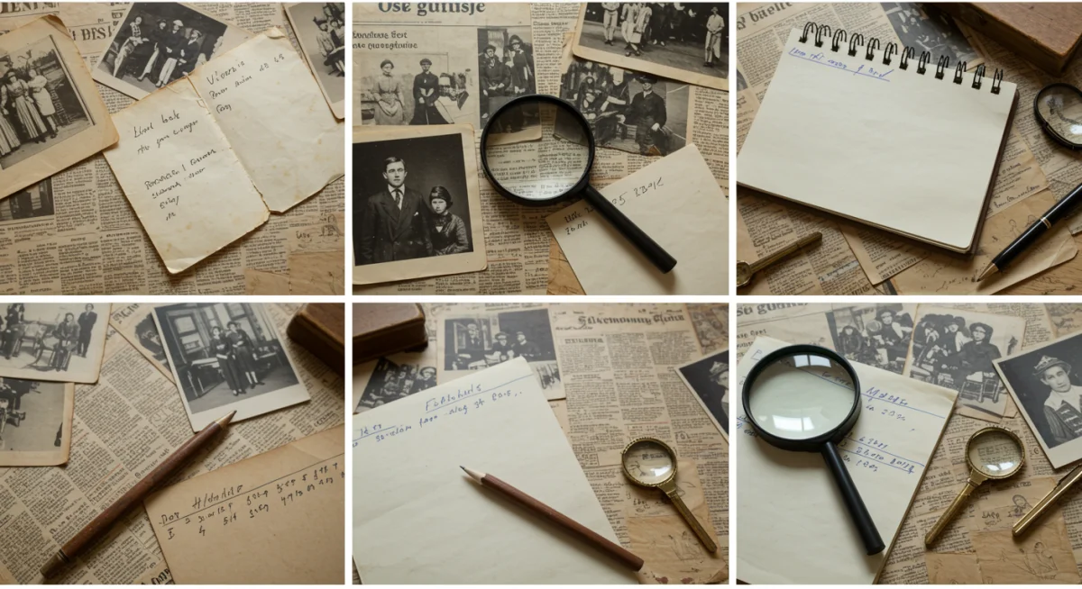 Mesa con pistas y evidencias de la investigación en 'La Sombra del Pasado', destacando el elemento detectivesco.