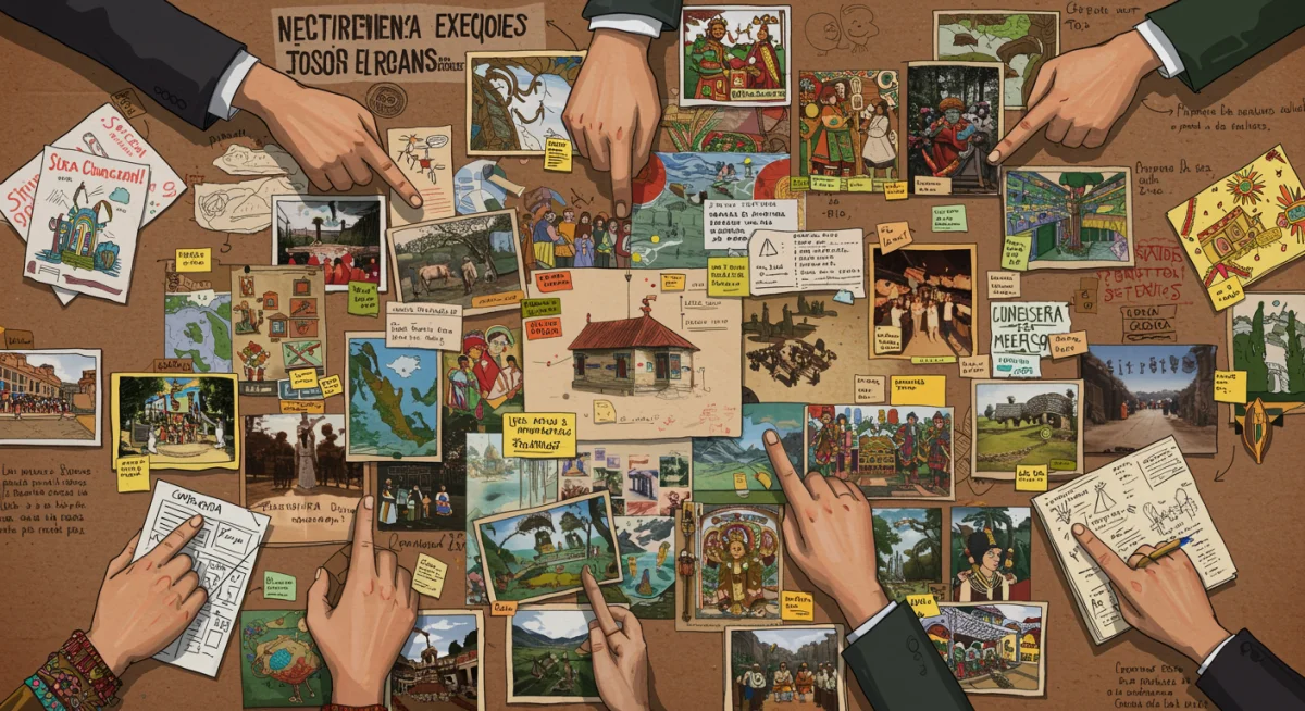 Mesa de trabajo con storyboard y notas para un mini-documental sobre temas sociales en México, mostrando el proceso creativo.