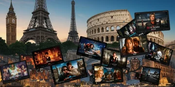 Collage de íconos europeos y pantallas de streaming, representando el mejor contenido europeo en México para 2026