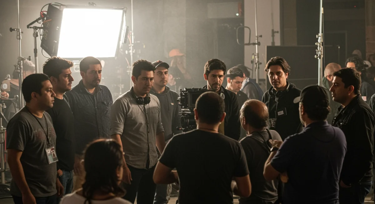 Profesionales de la industria audiovisual mexicana colaborando en un set de filmación, destacando el talento local.