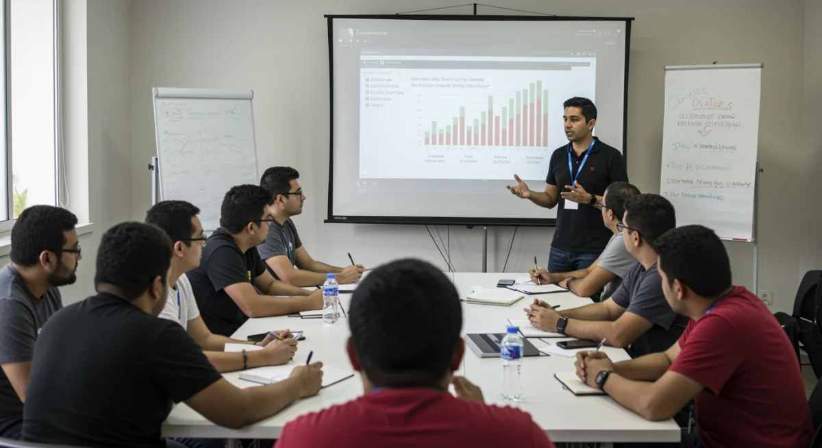 Creadores de contenido mexicanos en un taller sobre marketing digital y estrategias de contenido, discutiendo tendencias de video corto y engagement de audiencia.