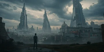 Escena distópica de la Ciudad de México en 2026, con arquitectura futurista y elementos tradicionales.